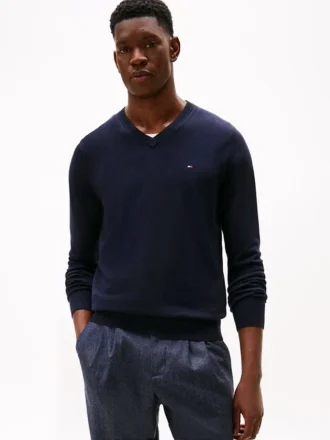 Einfarbiger Pullover mit V-Ausschnitt und Logo