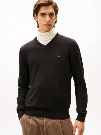 Einfarbiger Pullover mit V-Ausschnitt und Logo