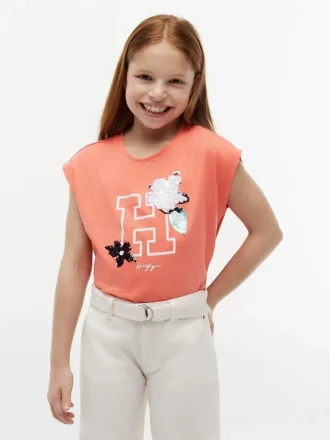 Flip-T-Shirt mit Pailletten-Blumenlogo für Kinder