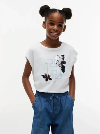 Flip-T-Shirt mit Pailletten-Blumenlogo für Kinder Flip-T-Shirt mit Pailletten-Blumenlogo für Kinder