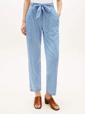 Gingham-Seersucker-Hose mit Gürtel und konischem Schnitt Gingham-Seersucker-Hose mit Gürtel und konischem Schnitt