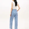 Gingham-Seersucker-Hose mit Gürtel und konischem Schnitt