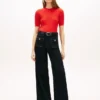 High-Rise-Stretch-Jeans mit weitem Bein