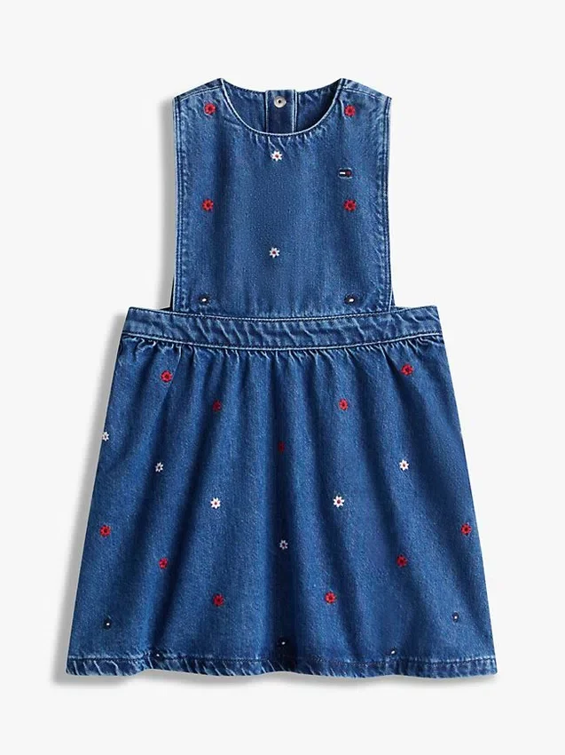 Kinder-Jumperkleid aus Denim mit durchgehendem Blumenmuster Kinder-Jumperkleid aus Denim mit durchgehendem Blumenmuster