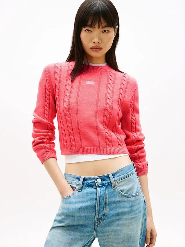 Tommy Jeans Pullover mit Schriftzug und Zopfmuster Tommy Jeans Pullover mit Schriftzug und Zopfmuster