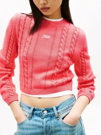 Tommy Jeans Pullover mit Schriftzug und Zopfmuster