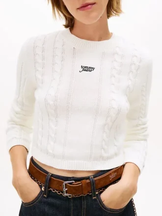 Tommy Jeans Pullover mit Schriftzug und Zopfmuster Tommy Jeans Pullover mit Schriftzug und Zopfmuster